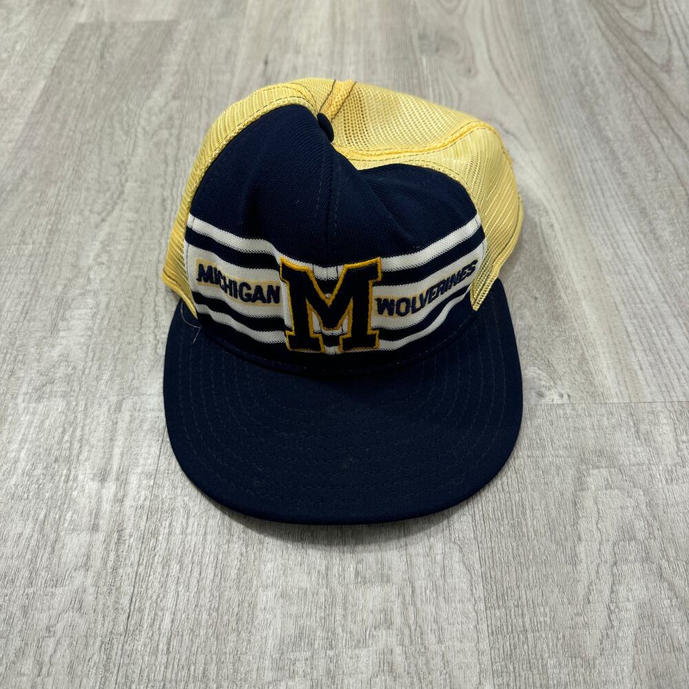 Vintage Michigan Wolverines Hat Blue Yellow Mesh Trucker Snapback Big Logo 90s